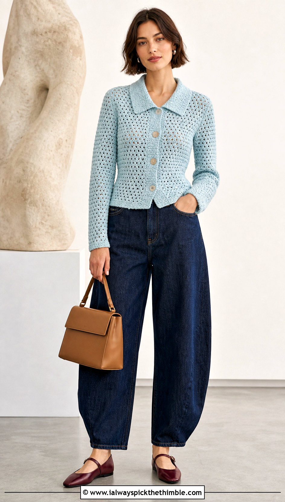 Collared Light Blue Crochet Cardigan With Barrel Jeans - 20 light blue crochet cardigan outfit ideas