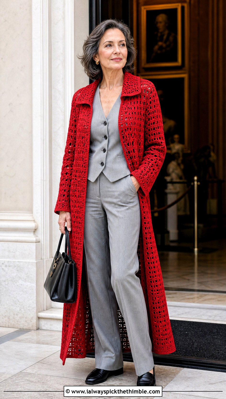 Collared Long Crochet Duster With Vest And Trousers - 20 Long Crochet Duster outfit ideas