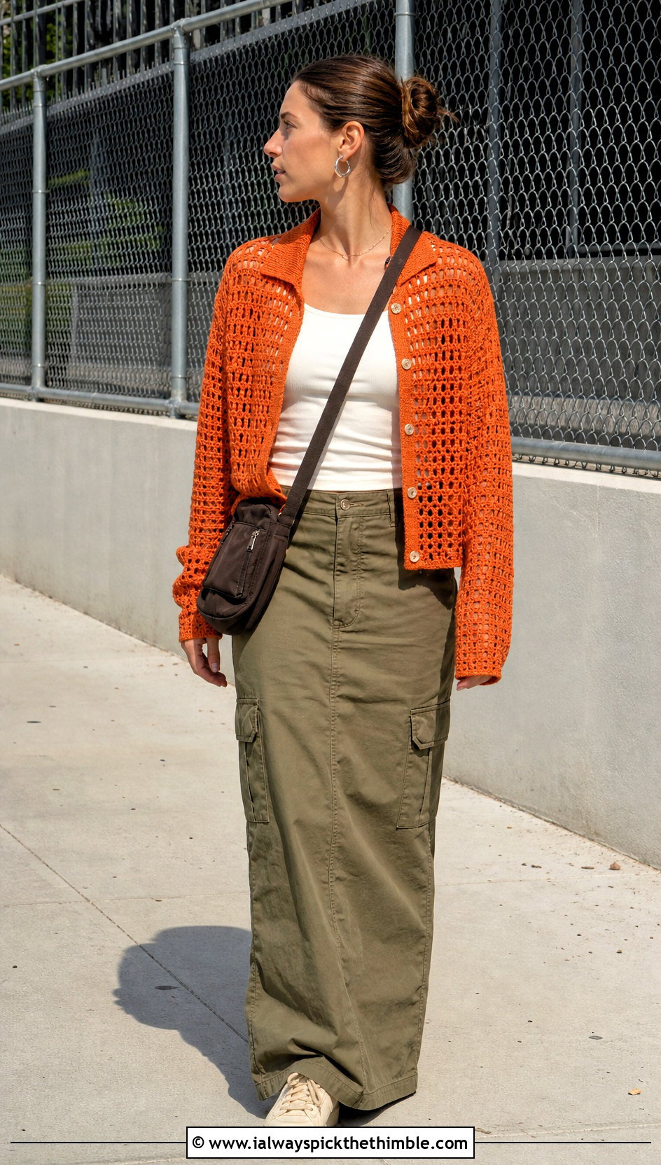 Collared Openwork Miu Miu Crochet Cardigan With Cargo Maxi Skirt - 20 Miu Miu Crochet Cardigan outfit ideas