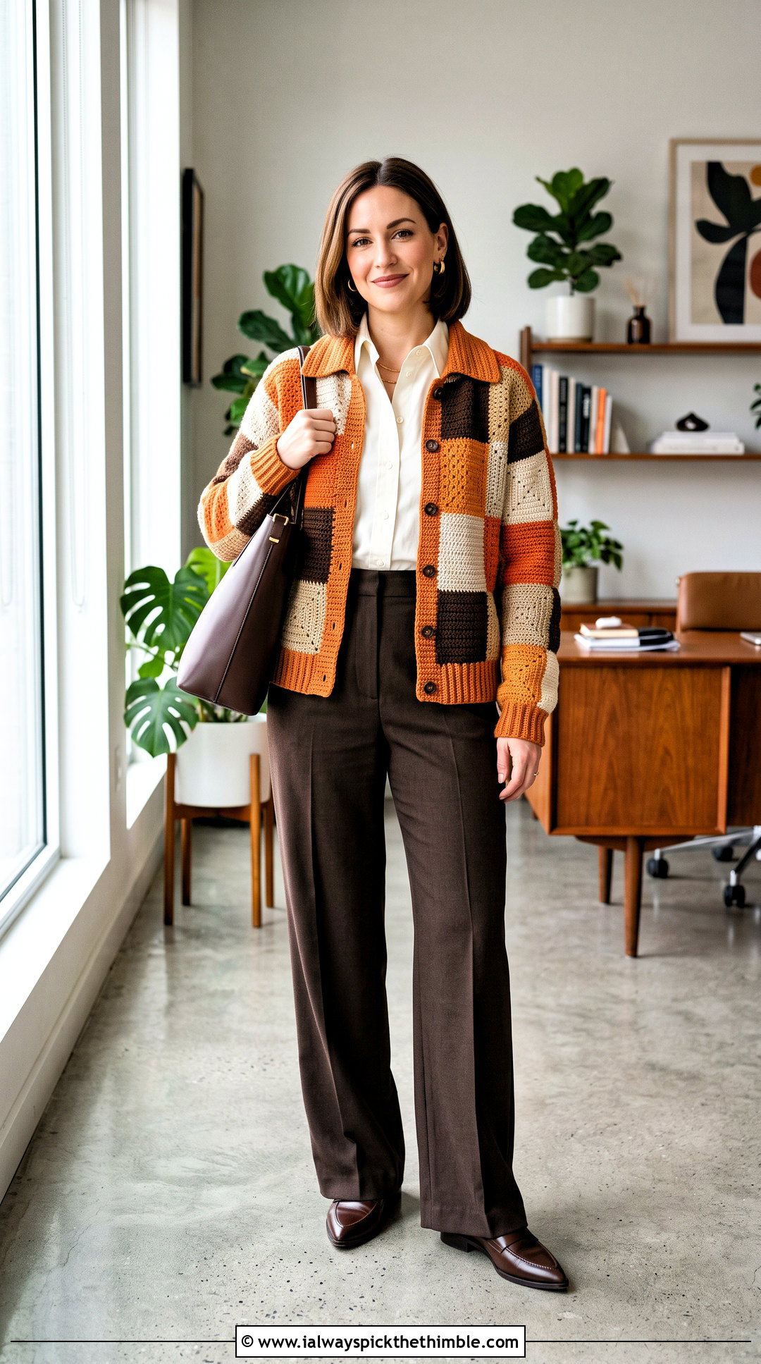 Collared Patchwork Crochet Cardigan With Tailored Trousers - 15 harry styles patchwork crochet cardigan outfit ideas