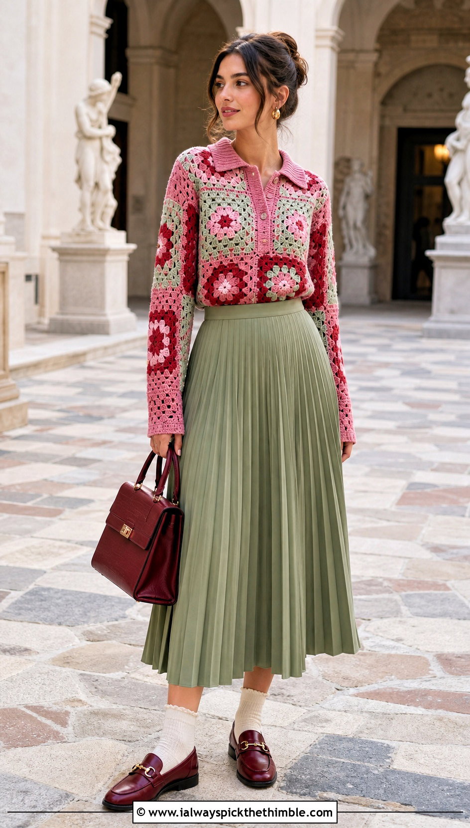 Collared Patchwork Crochet Sweater With Pleated Midi Skirt - 25 patchwork crochet sweater outfit ideas