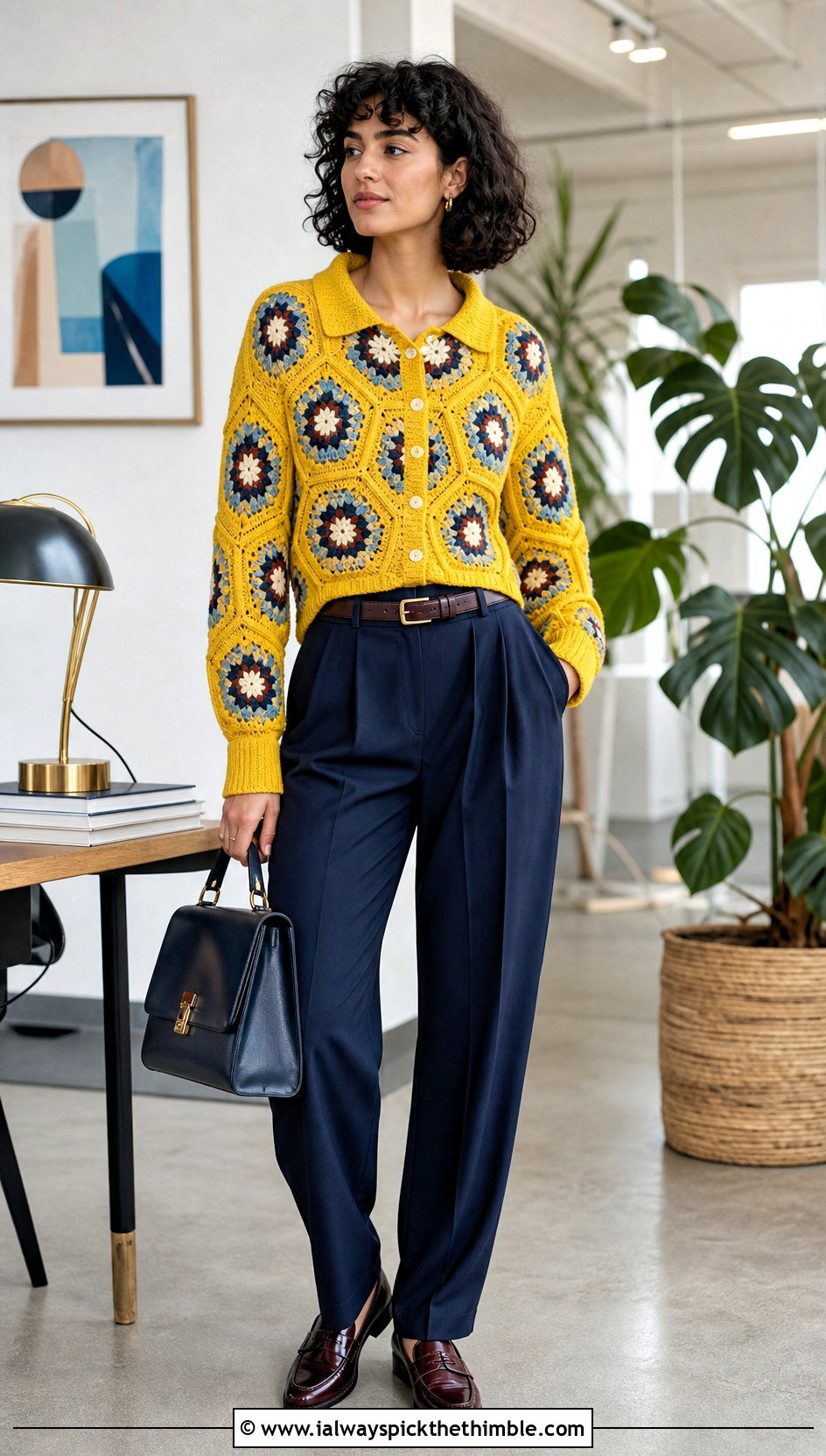 Collared Pentagon Granny Square Cardigan With Pleated Trousers - 20 Pentagon Granny Square Cardigan outfit ideas