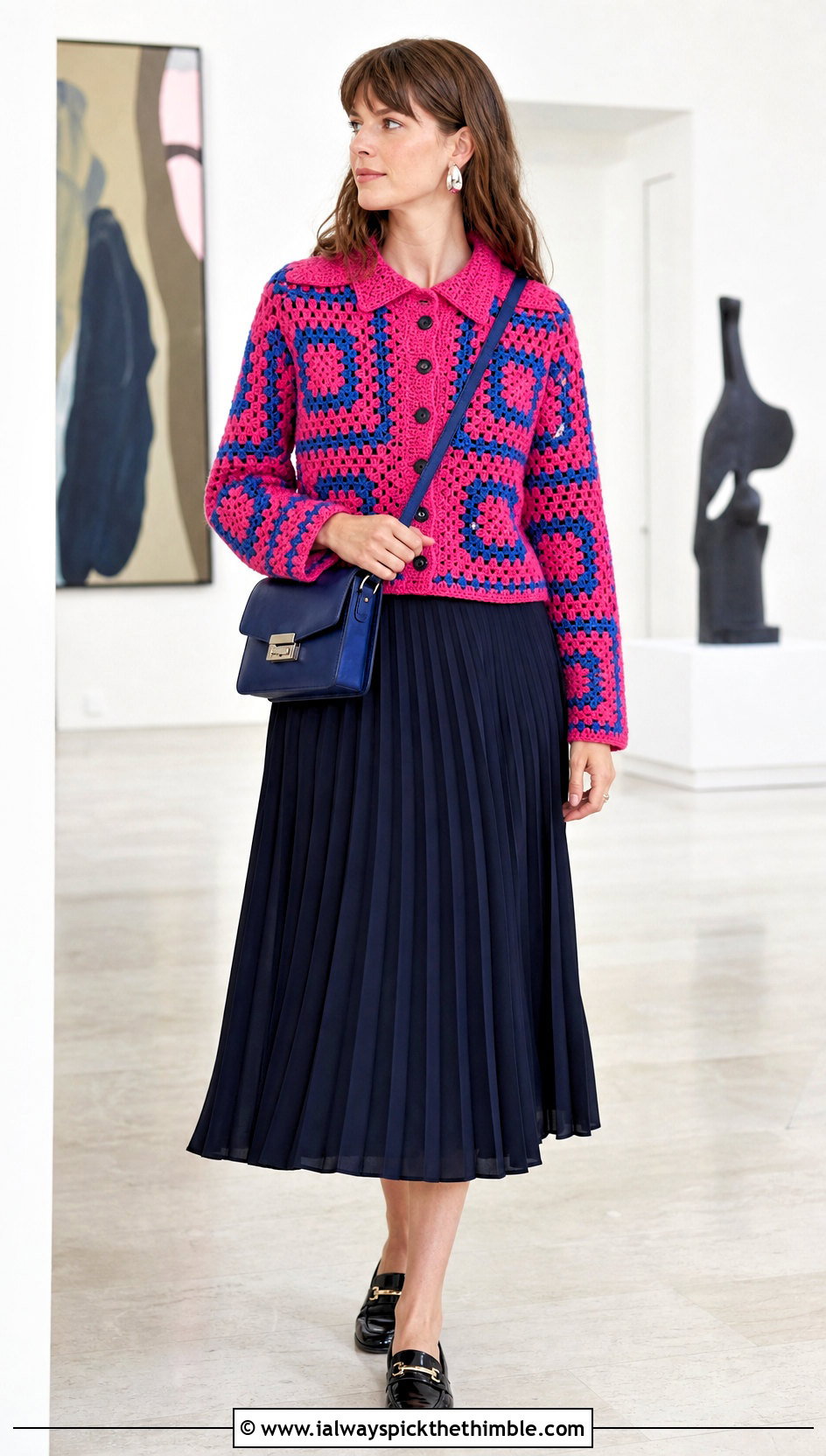 Collared Pink Granny Square Cardigan With Pleated Midi Skirt - 25 pink granny square cardigan outfit ideas