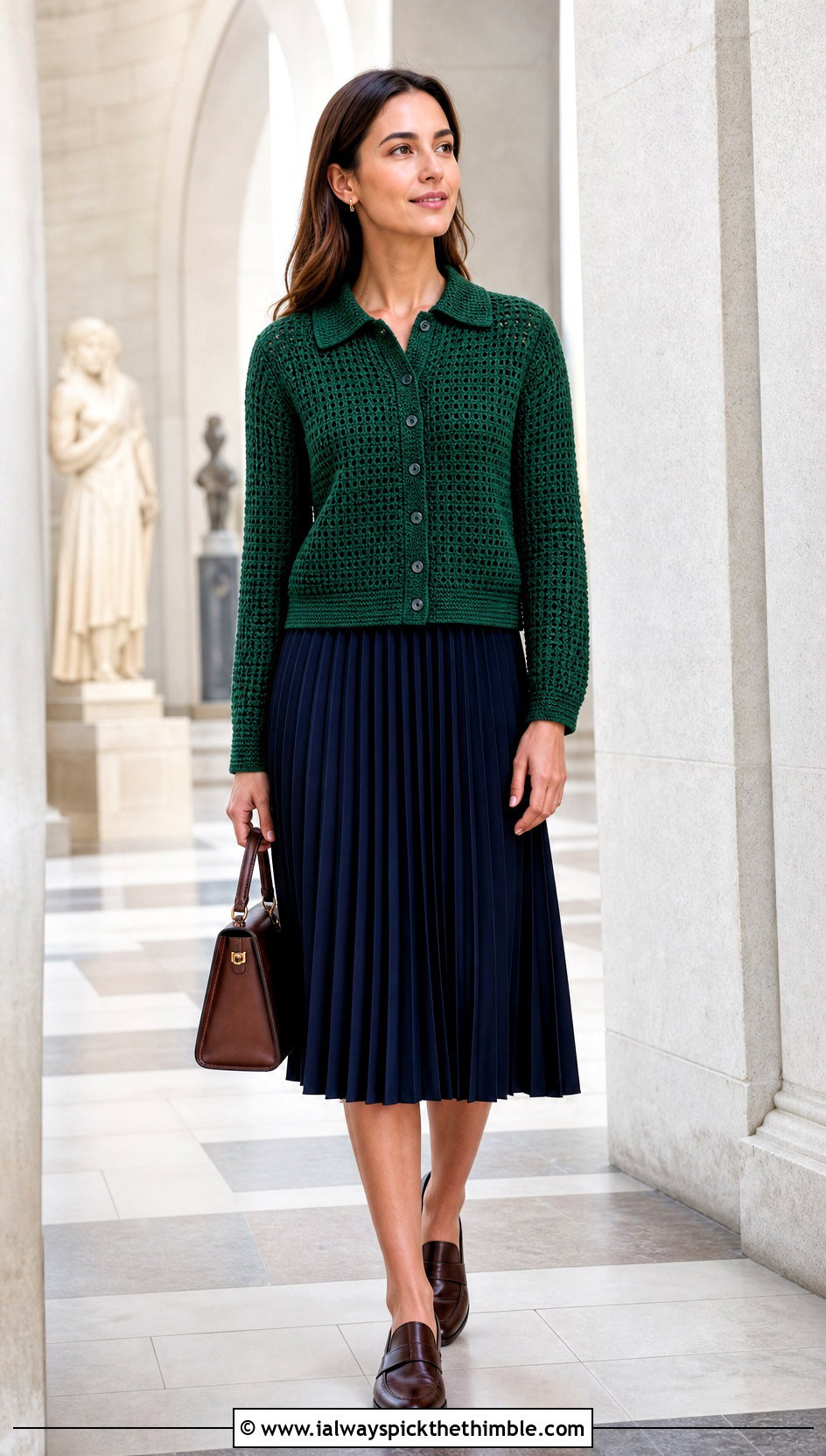 Collared Polo Crochet Button Sweater With Pleated Midi Skirt - 20 Crochet Button Sweater outfit ideas