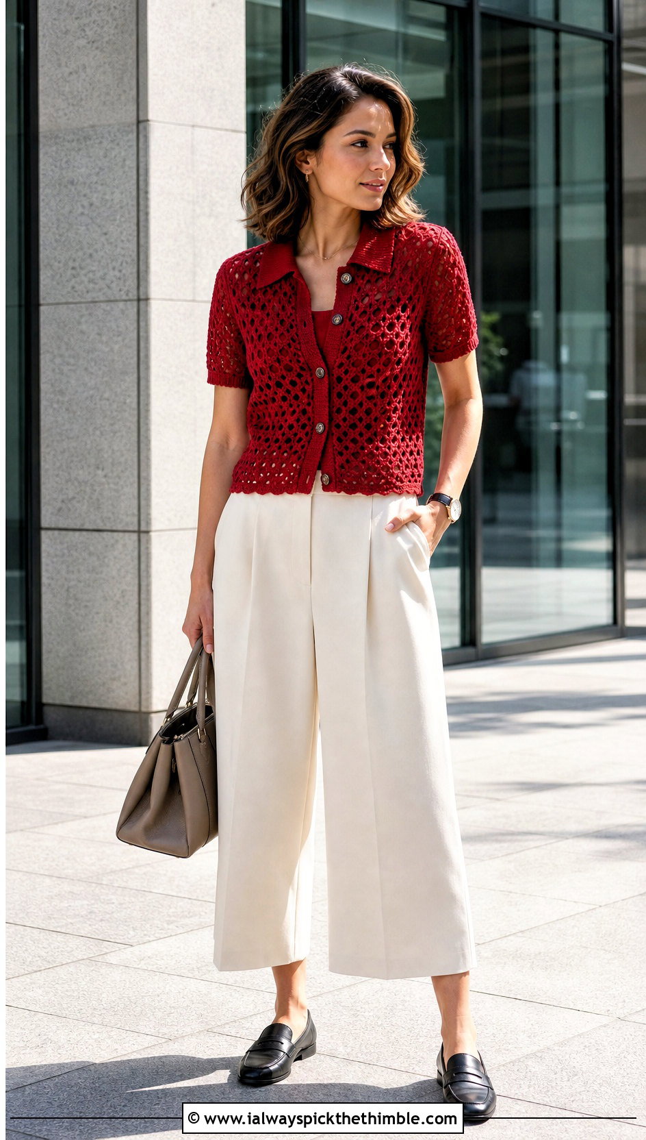Collared Short Sleeve Crochet Cardigan With Culottes - 15 crazy classic crochet cardigan outfit ideas