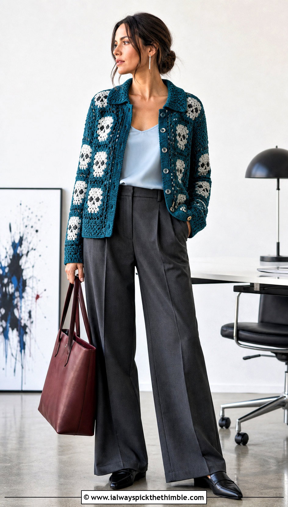 Collared Skull Granny Square Cardigan With Tailored Trousers - 20 skull granny square cardigan outfit ideas