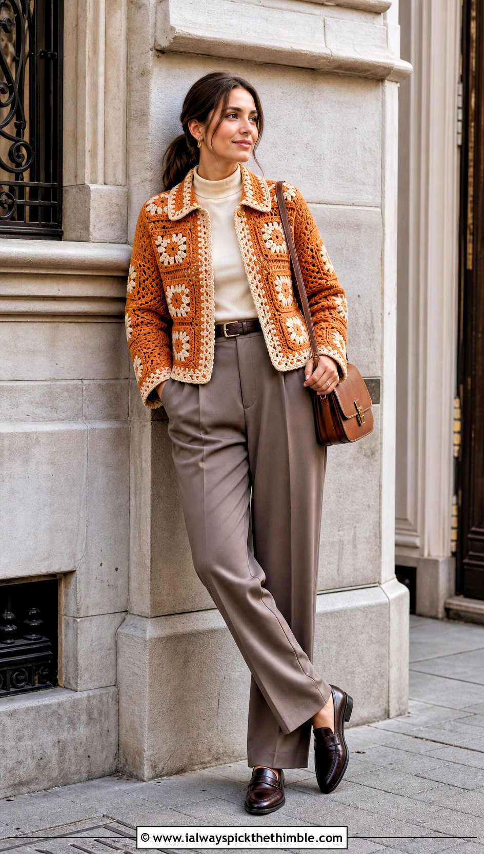 Collared Small Granny Square Cardigan With Pleated Trousers - 20 Small Granny Square Cardigan outfit ideas