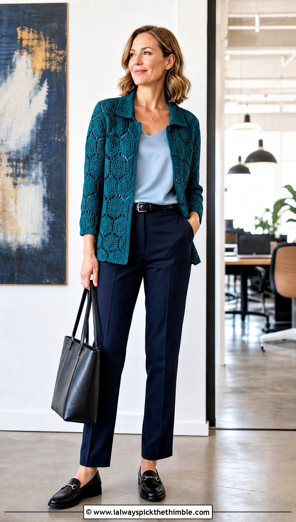 Collared Solid Hexagon Cardigan With Tailored Trousers - 20 crochet solid hexagon cardigan outfit ideas