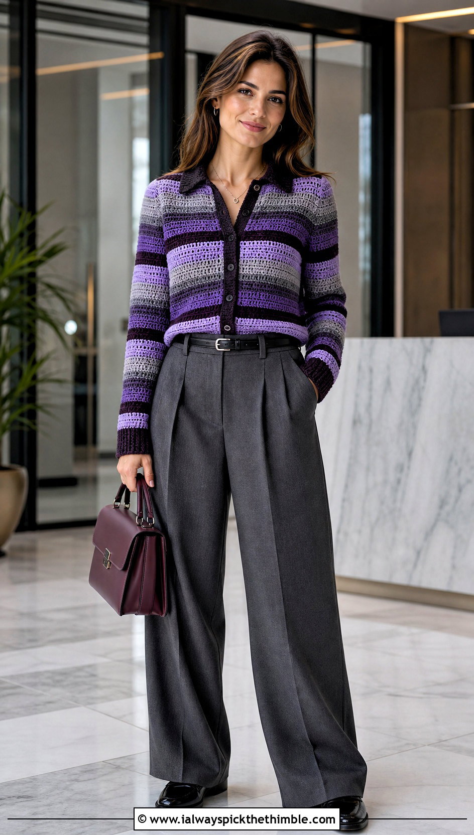 Collared Stripe Crochet Cardigan With Pleated Trousers - 20 striped crochet cardigan outfit ideas