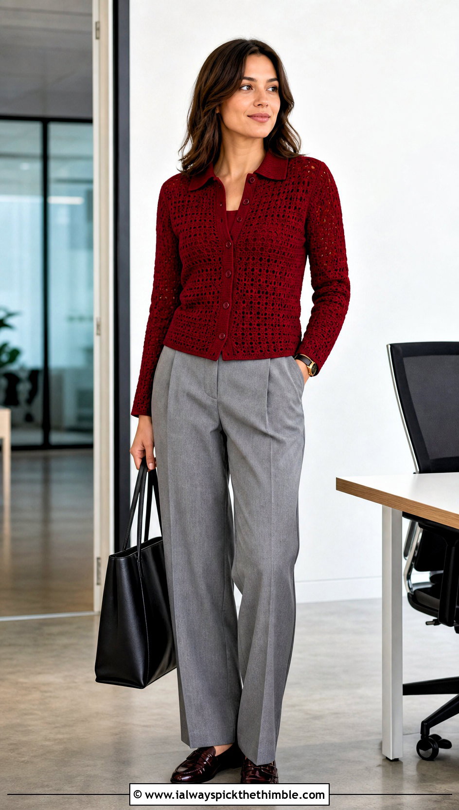 Collared Top Down Crochet Cardigan With Pleated Trousers - 20 top down crochet cardigan outfit ideas