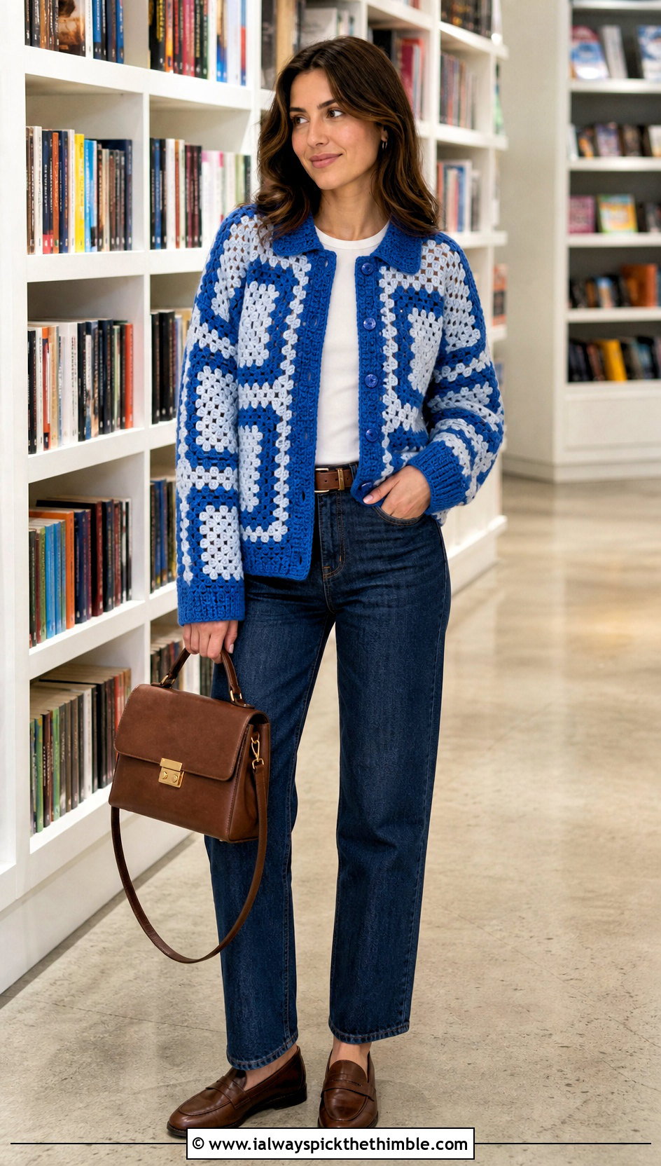 Collared Two Color Granny Square Cardigan With Straight Jeans - 20 Two Granny Square Cardigan outfit ideas