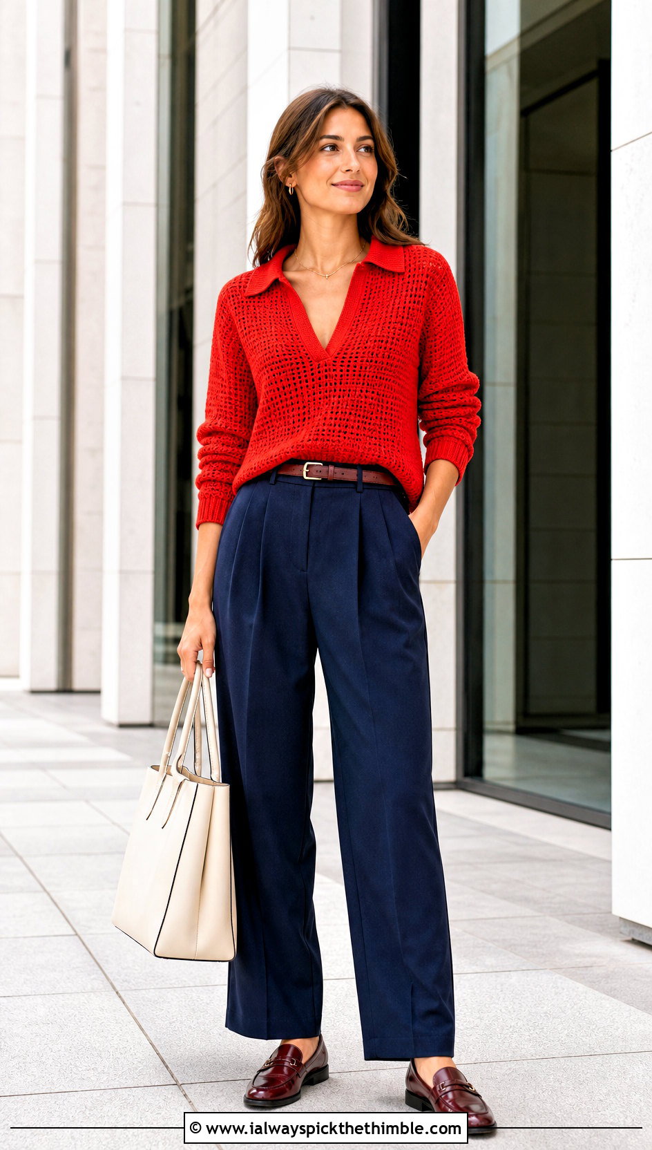 Collared V Neck Crochet Sweater With Pleated Pants - 25 v neck crochet sweater outfit ideas