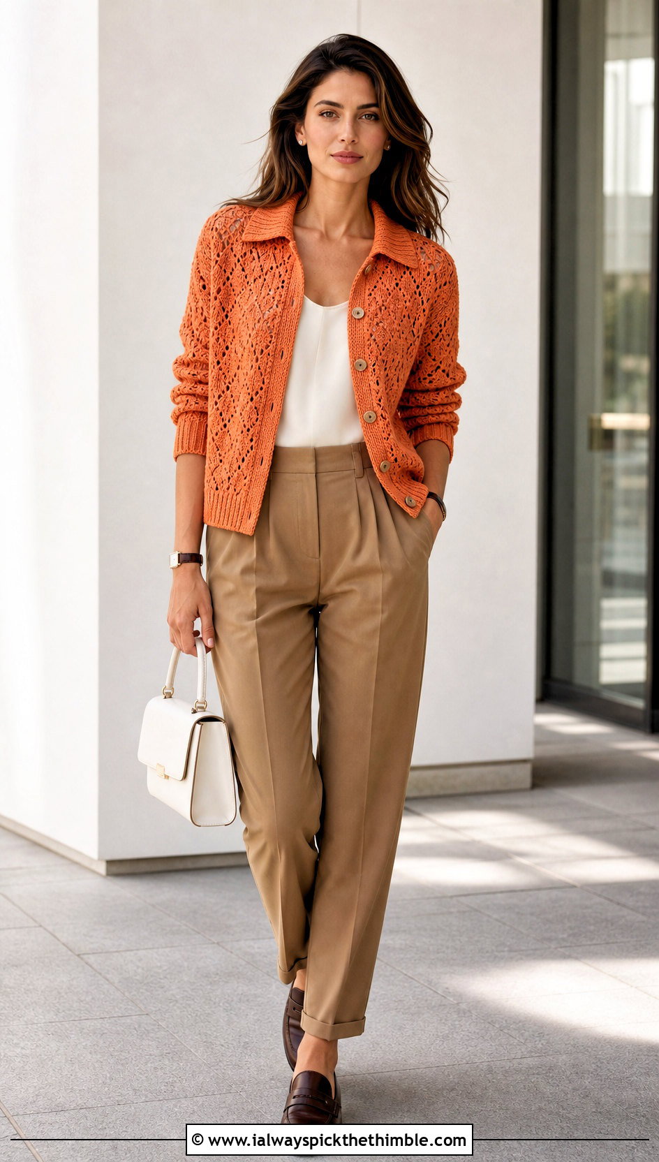 Collared V Stitch Cardigan With Pleated Trousers - 20 Crochet V Stitch Cardigan outfit ideas