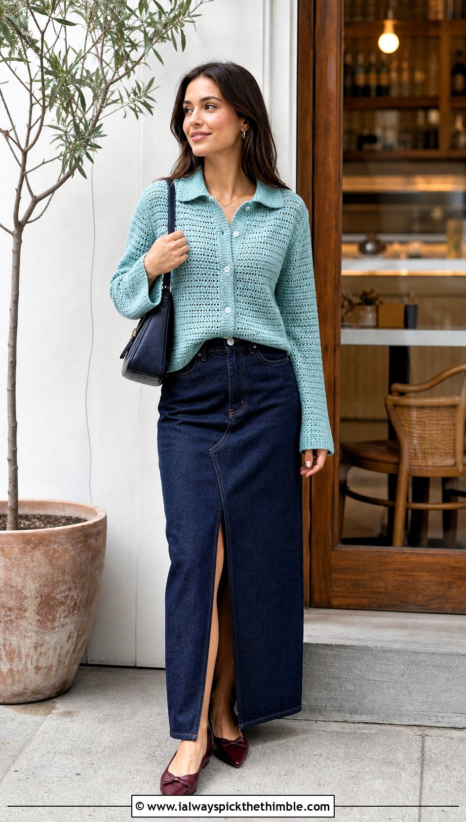 Collared Velvet Crochet Cardigan With Denim Maxi Skirt - 15 velvet crochet cardigan outfit ideas