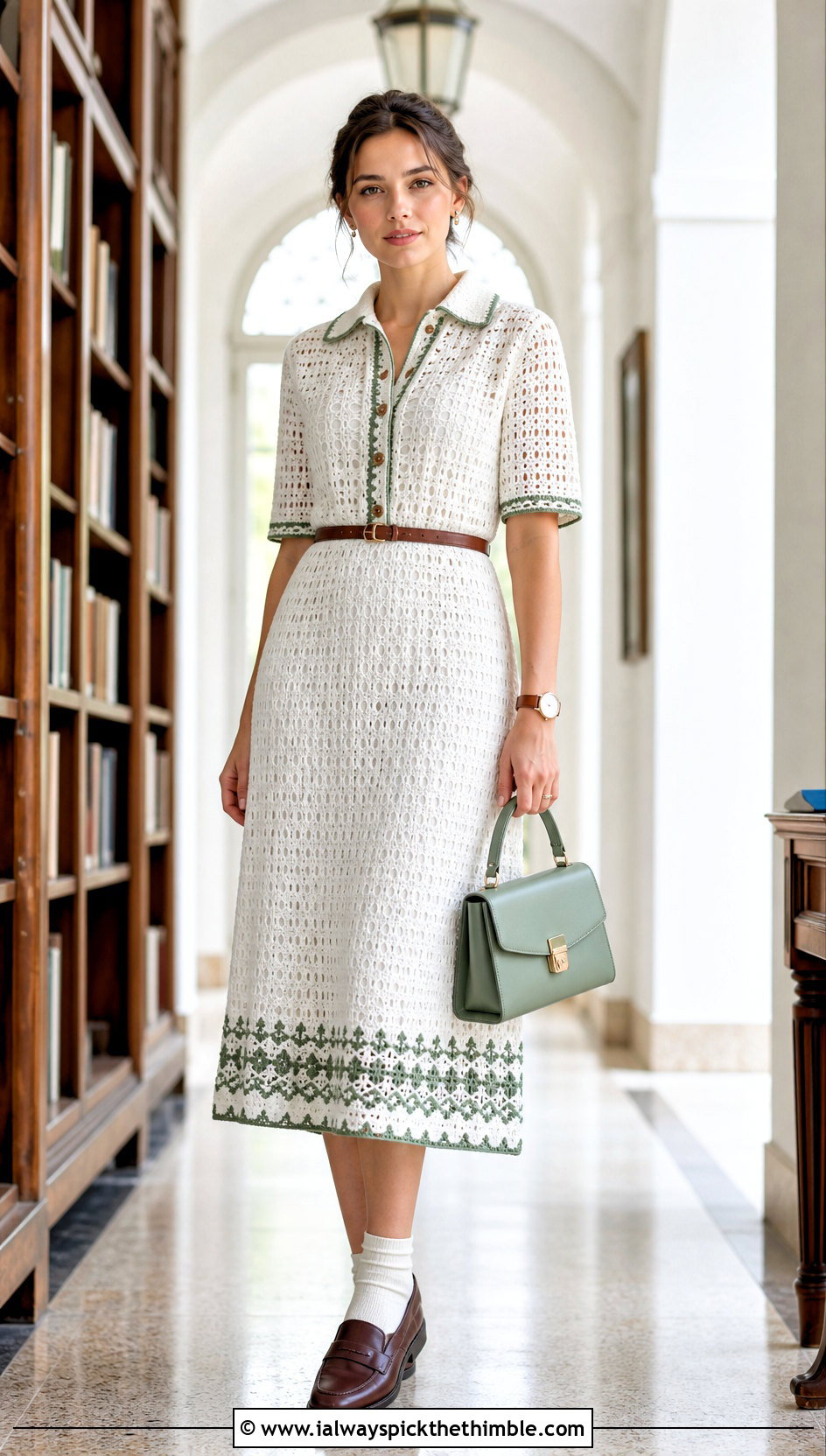 Collared White Crochet Midi Dress With Loafers - 20 White Crochet Midi Dress outfit ideas