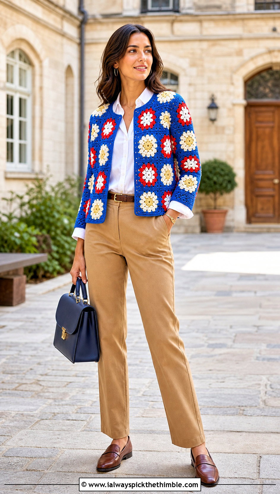 Collarless African Flower Crochet Cardigan With Button Down Shirt - 20 african flower crochet cardigan outfit ideas