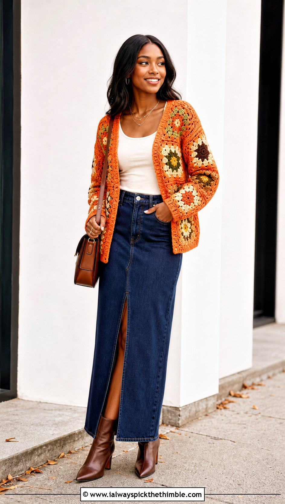 Collarless African Flower Granny Square Cardigan With Denim Maxi Skirt - 20 african flower granny square cardigan outfit ideas