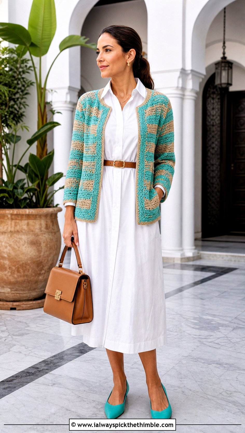 Collarless Checkered Crochet Cardigan With Shirt Dress - 20 Checkered Crochet Cardigan outfit ideas