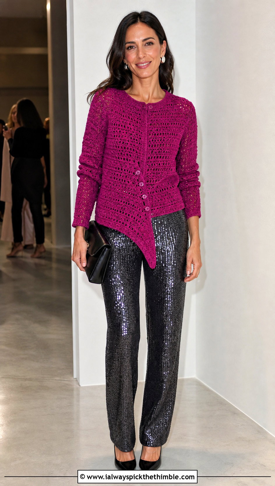 Collarless Crochet Asymmetrical Cardigan With Sequin Trousers - 20 crochet asymmetrical cardigan outfit ideas