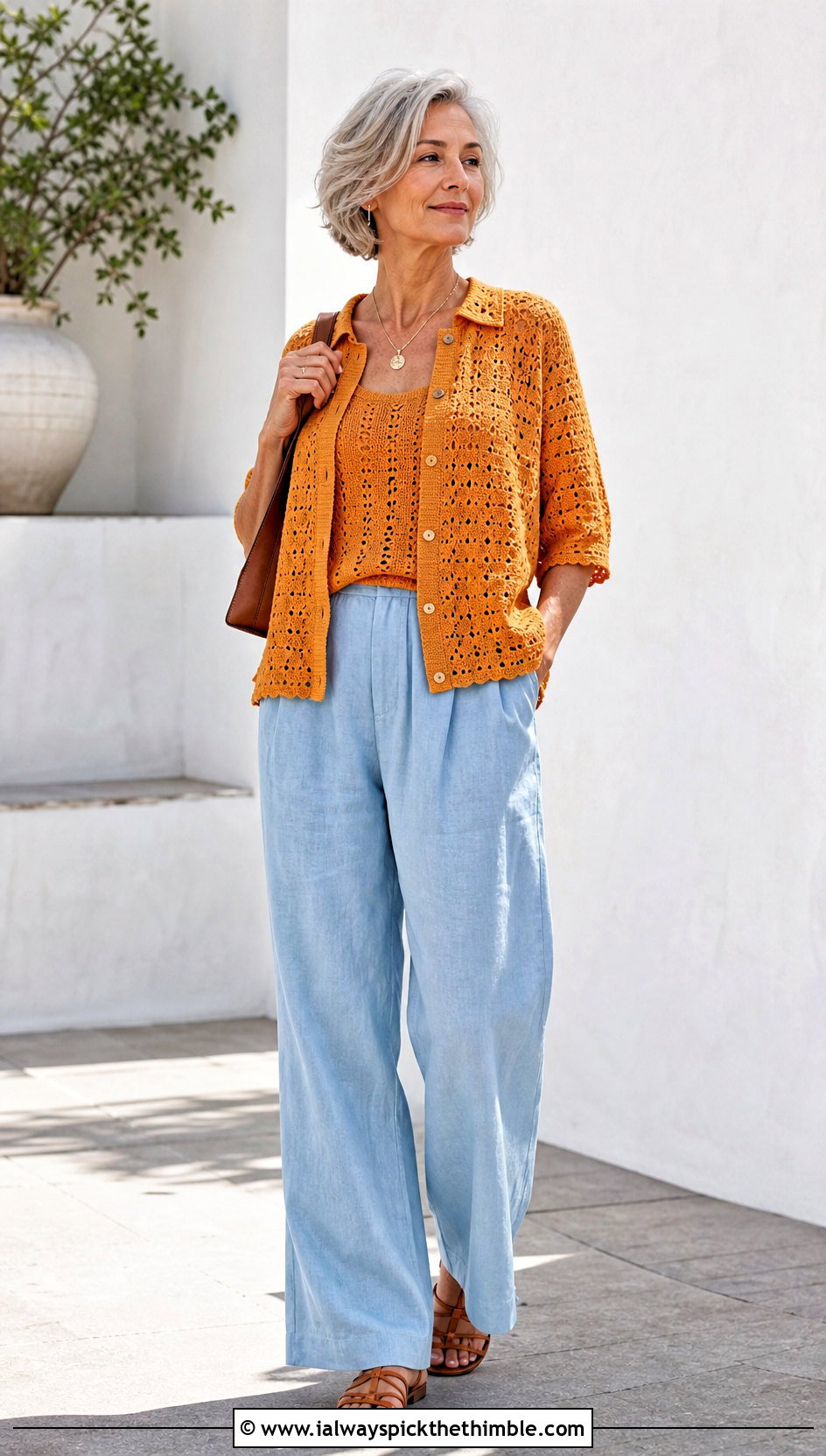 Collarless Crochet Button Down Shirt With Linen Pants - 20 crochet button down shirt outfit ideas