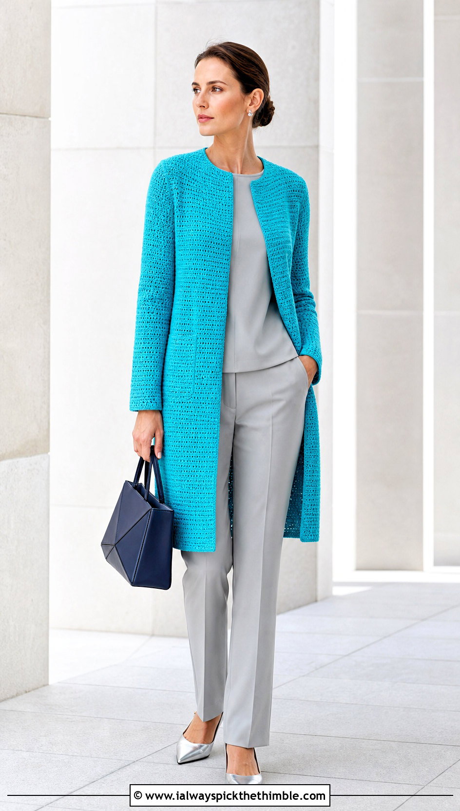 Collarless Crochet Coat With Monochrome Separates - 25 crochet coat outfit ideas