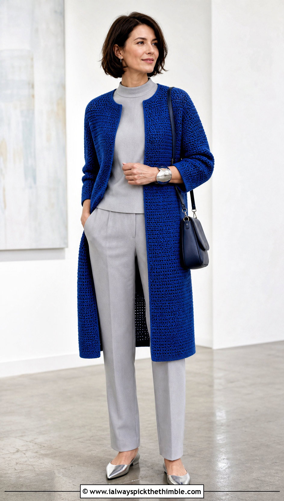 Collarless Crochet Coat With Monochrome Separates - 20 women crochet coat outfit ideas