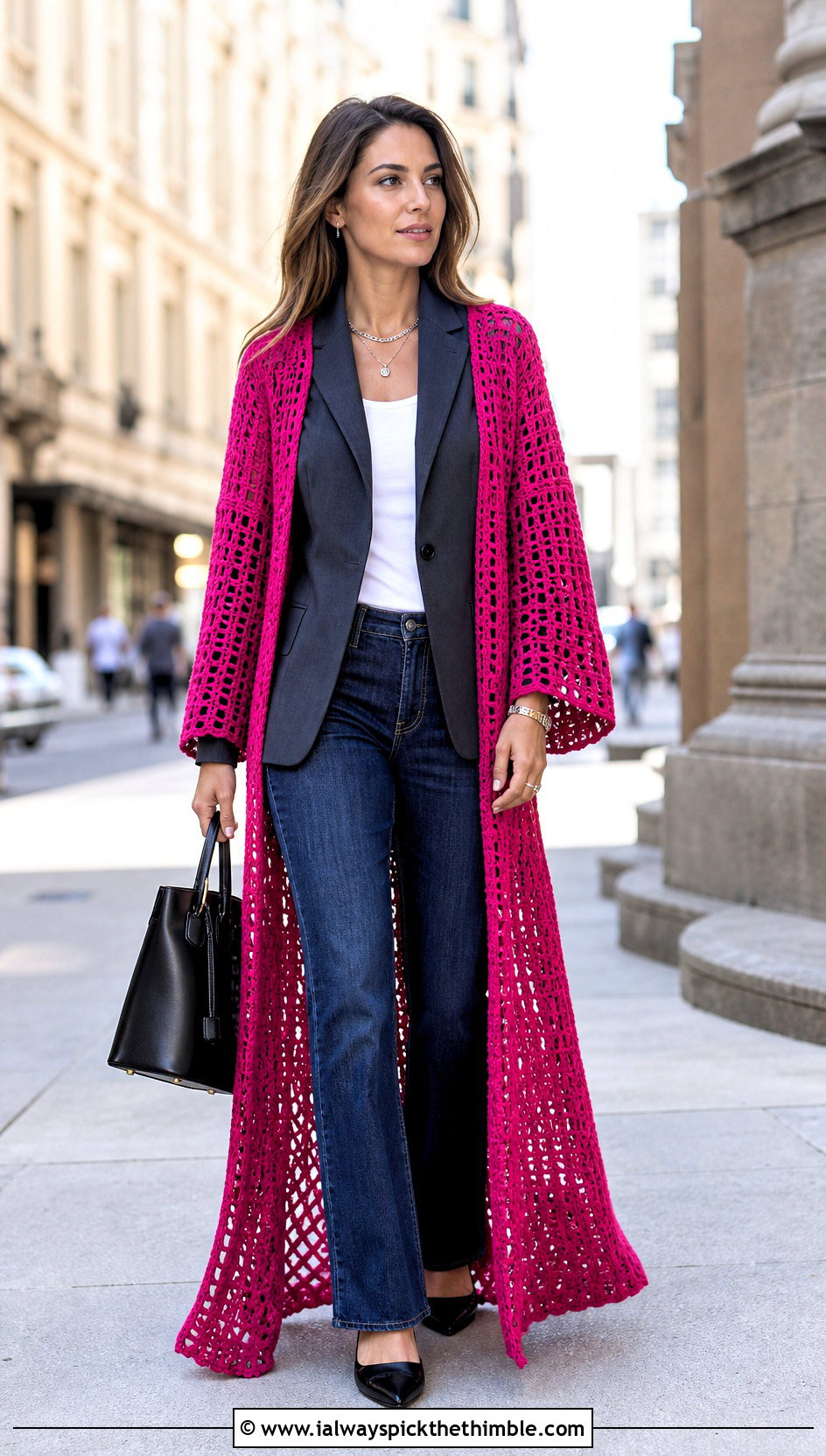 Collarless Crochet Duster With Blazer And Straight Jeans - 20 Easy Crochet Duster outfit ideas