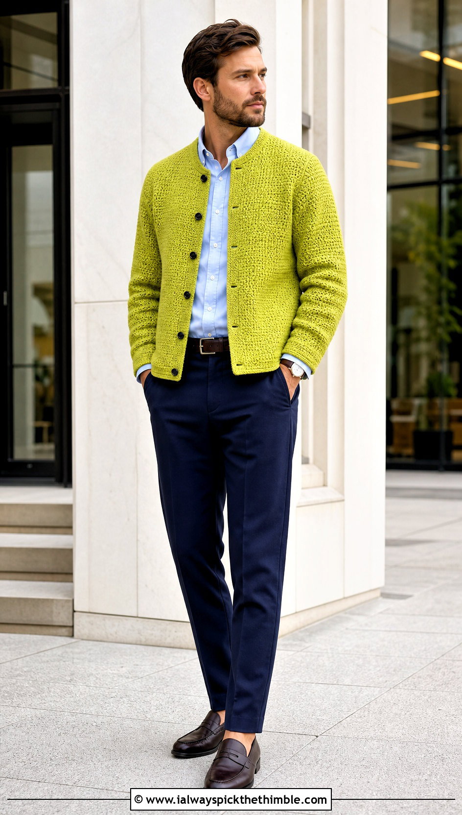 Collarless Crochet Jacket With Oxford Shirt - 25 crochet jacket for men outfit ideas