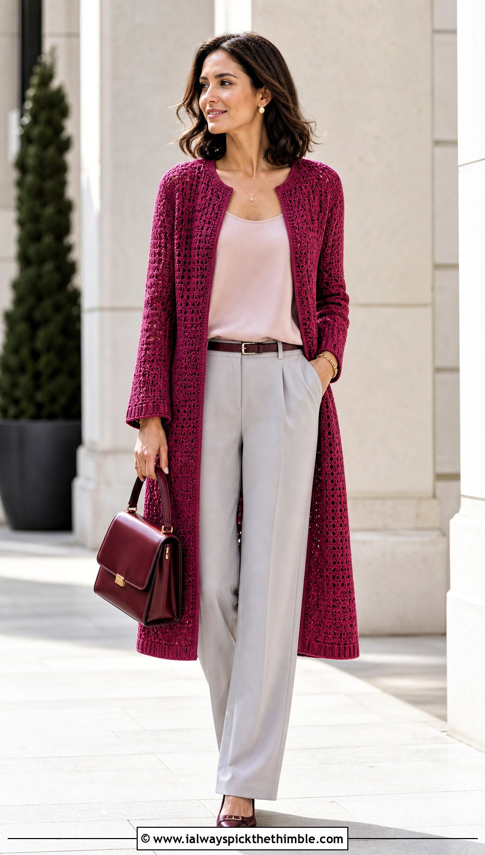 Collarless Crochet Long Cardigan With Pleated Trousers - 25 crochet long cardigan outfit ideas