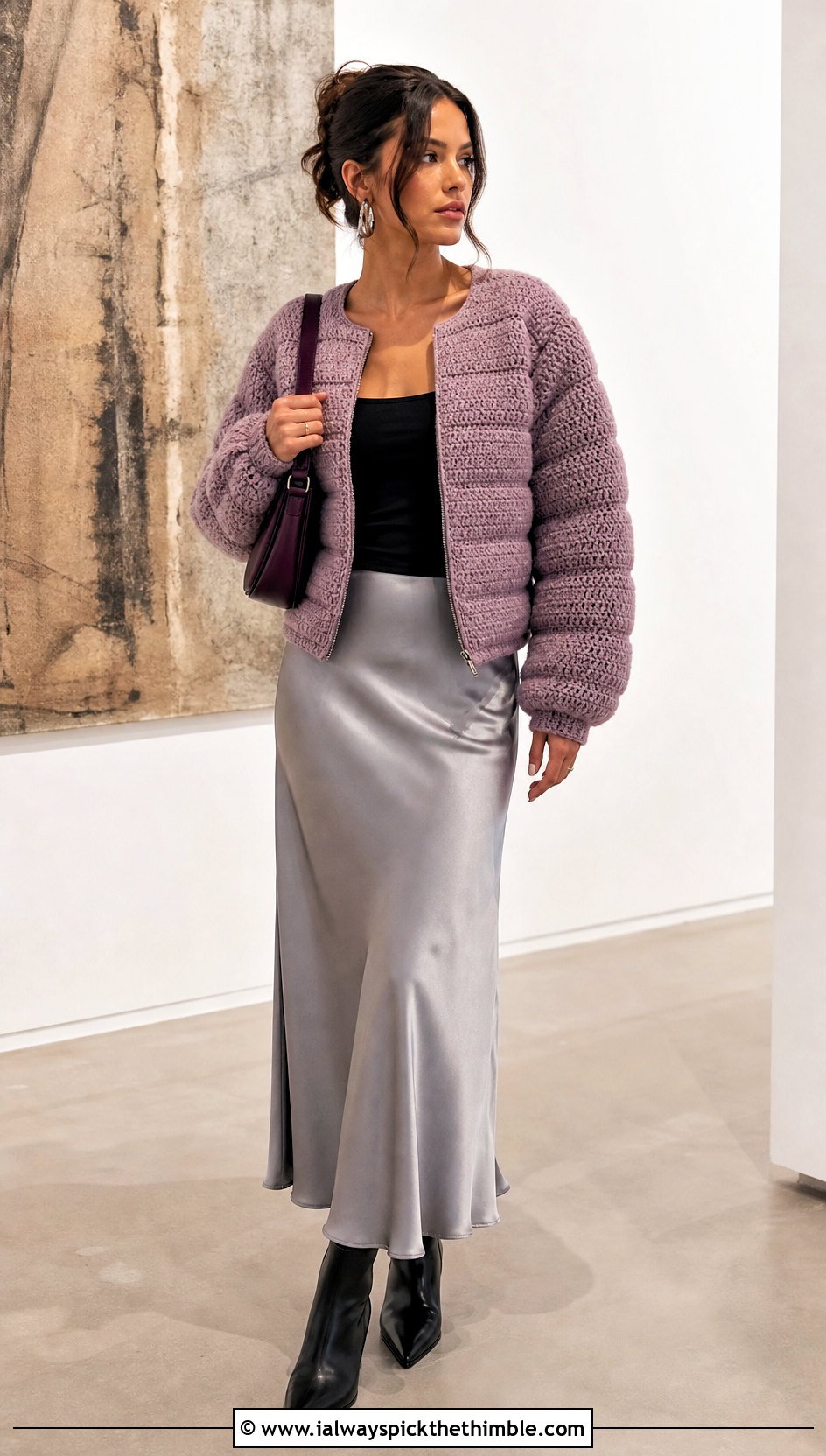 Collarless Crochet Puffer Jacket With Satin Slip Skirt - 25 crochet puffer jacket outfit ideas