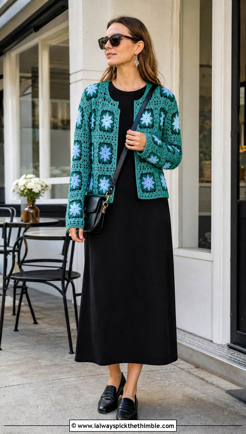 Collarless Crochet Star Granny Square Cardigan With T Shirt Dress - 20 Crochet Star Granny Square Cardigan outfit ideas
