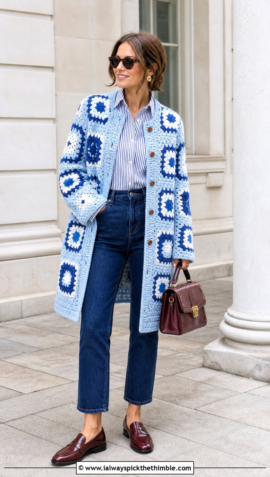 Collarless Granny Square Coat With Button Down Shirt - 20 granny square coat outfit ideas