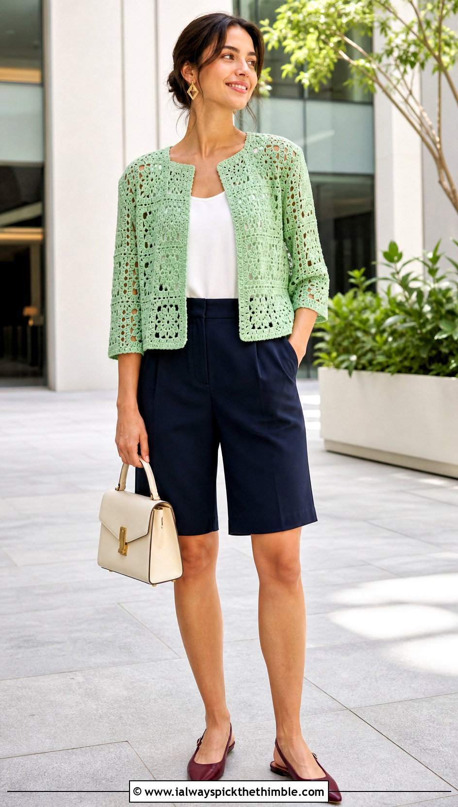 Collarless Granny Square Jacket With Tailored Shorts - 20 crochet granny square jacket outfit ideas