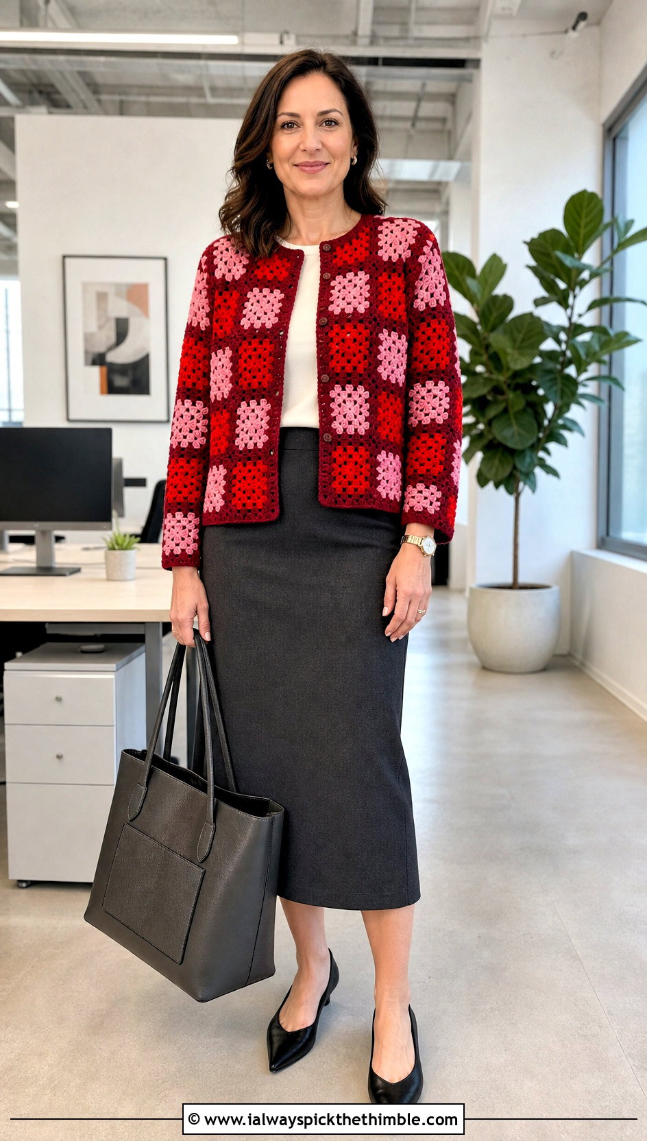 Collarless Granny Square Patchwork Cardigan With Pencil Skirt - 20 Granny Square Patchwork Cardigan outfit ideas