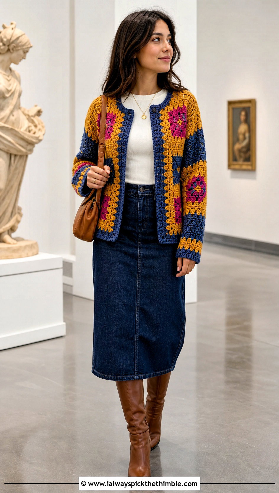 Collarless Howl Crochet Cardigan With Denim Midi Skirt - 20 Howl Crochet Cardigan outfit ideas
