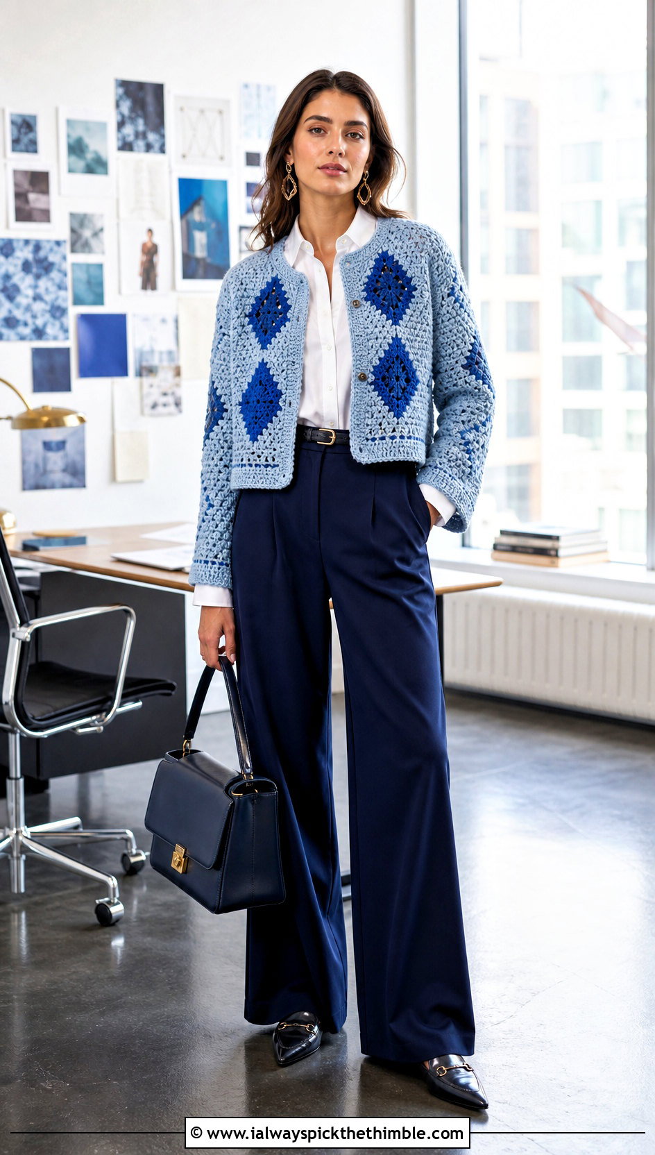 Collarless Howls Crochet Jacket With Wide Leg Trousers - 20 Howl's Crochet Jacket outfit ideas
