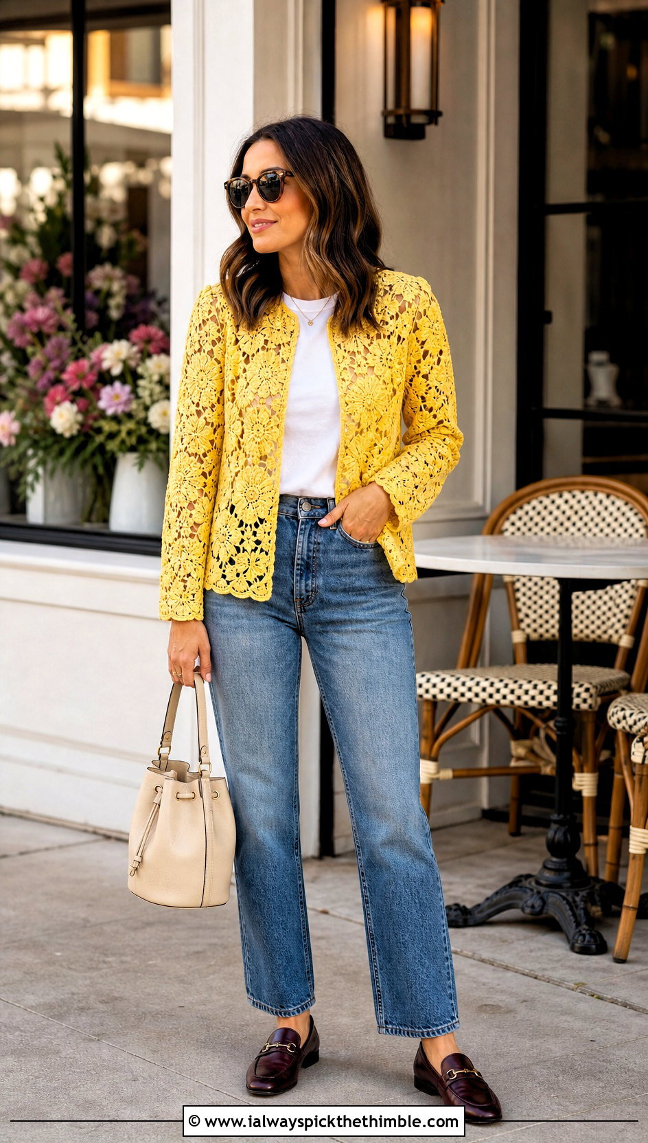 Collarless Irish Lace Jacket With Straight Leg Jeans - 15 irish lace crochet jacket outfit ideas