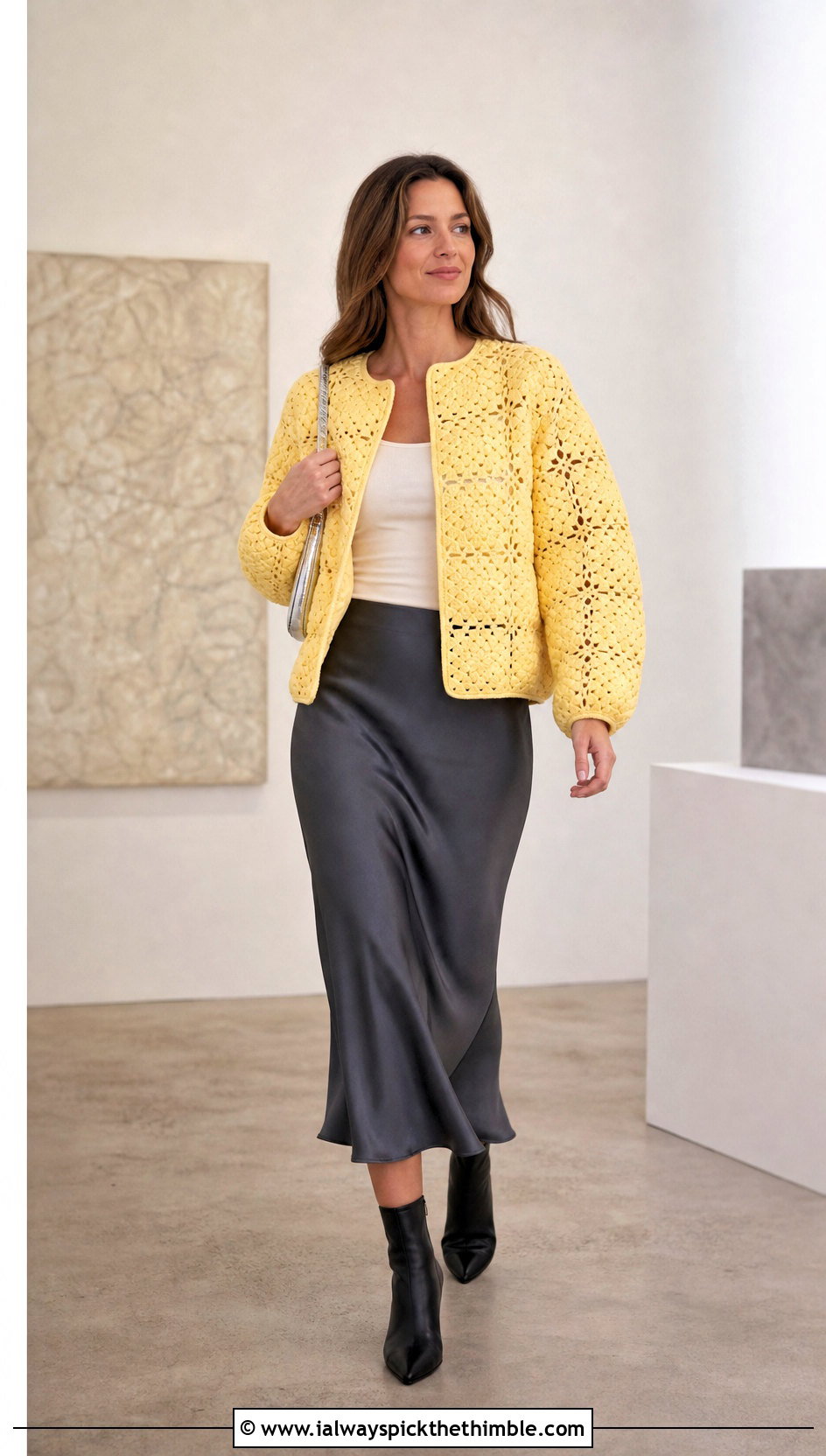 Collarless Lace Granny Square Puffer Jacket With Satin Midi Skirt - 15 granny square puffer jacket outfit ideas