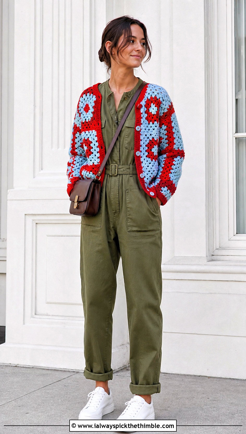 Collarless Patchwork Harry Styles Cardigan With Utility Jumpsuit - 15 Crocheting Harry Styles Cardigan outfit ideas