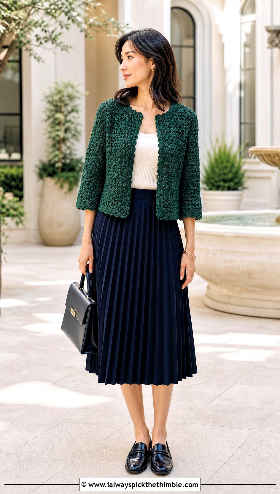 Collarless Shell Stitch Crochet Jacket With Pleated Midi Skirt - 20 crochet clothes jacket outfit ideas