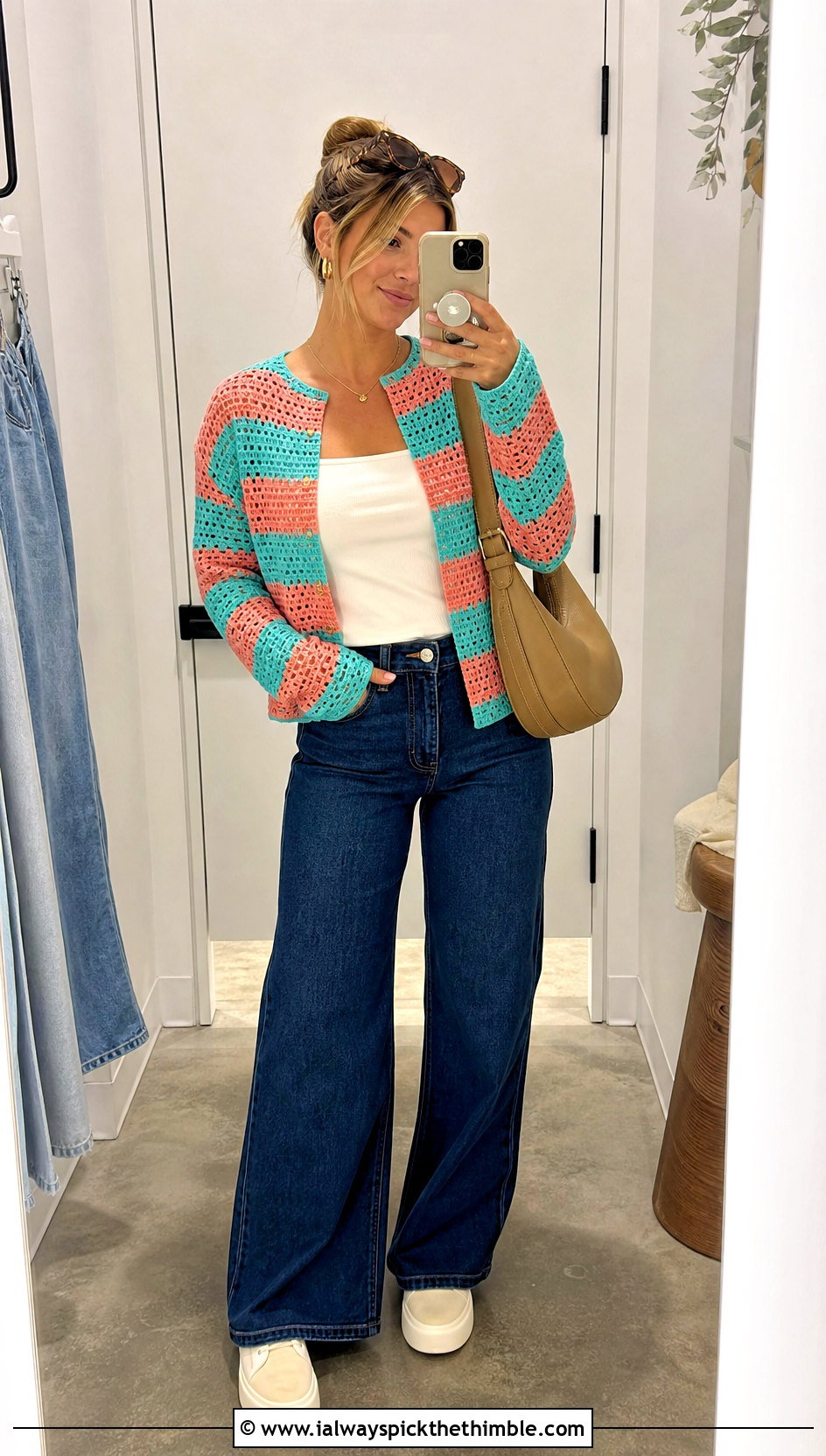 Collarless Striped Filet Crochet Cardigan With Wide Leg Jeans - 20 filet crochet cardigan outfit ideas