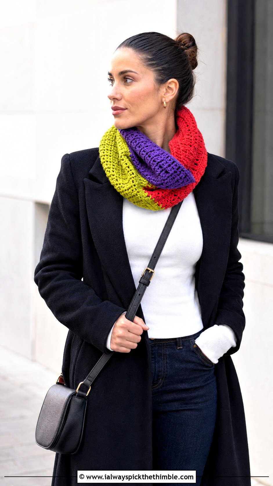 Color Block 1 Skein Crochet Cowl With Minimalist Basics - 15 1 Skein Crochet Cowl outfit ideas