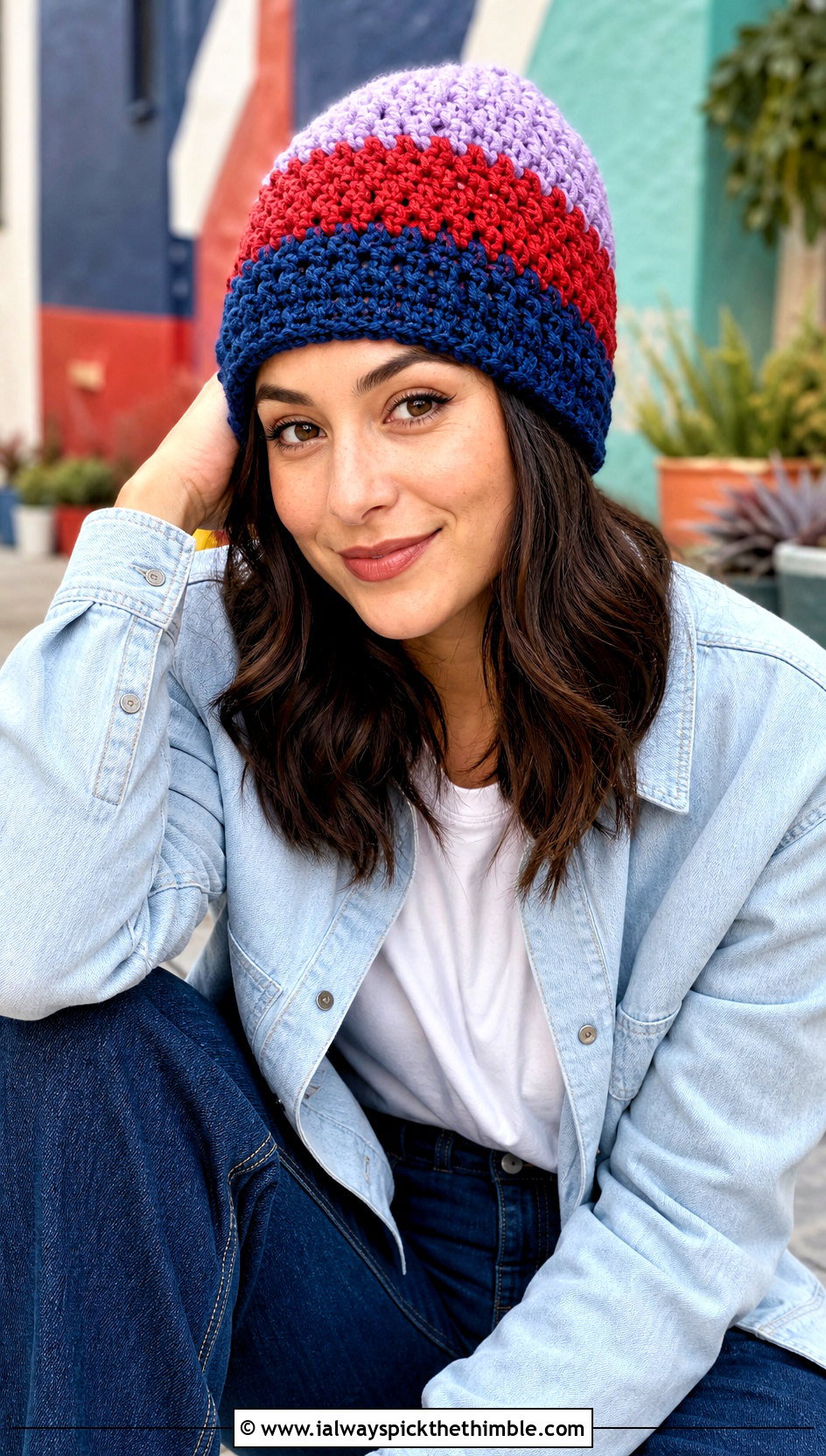 Color Block Alpine Stitch Beanie With Shacket And Wide Leg Jeans - 15 Alpine Stitch Crochet Hat outfit ideas