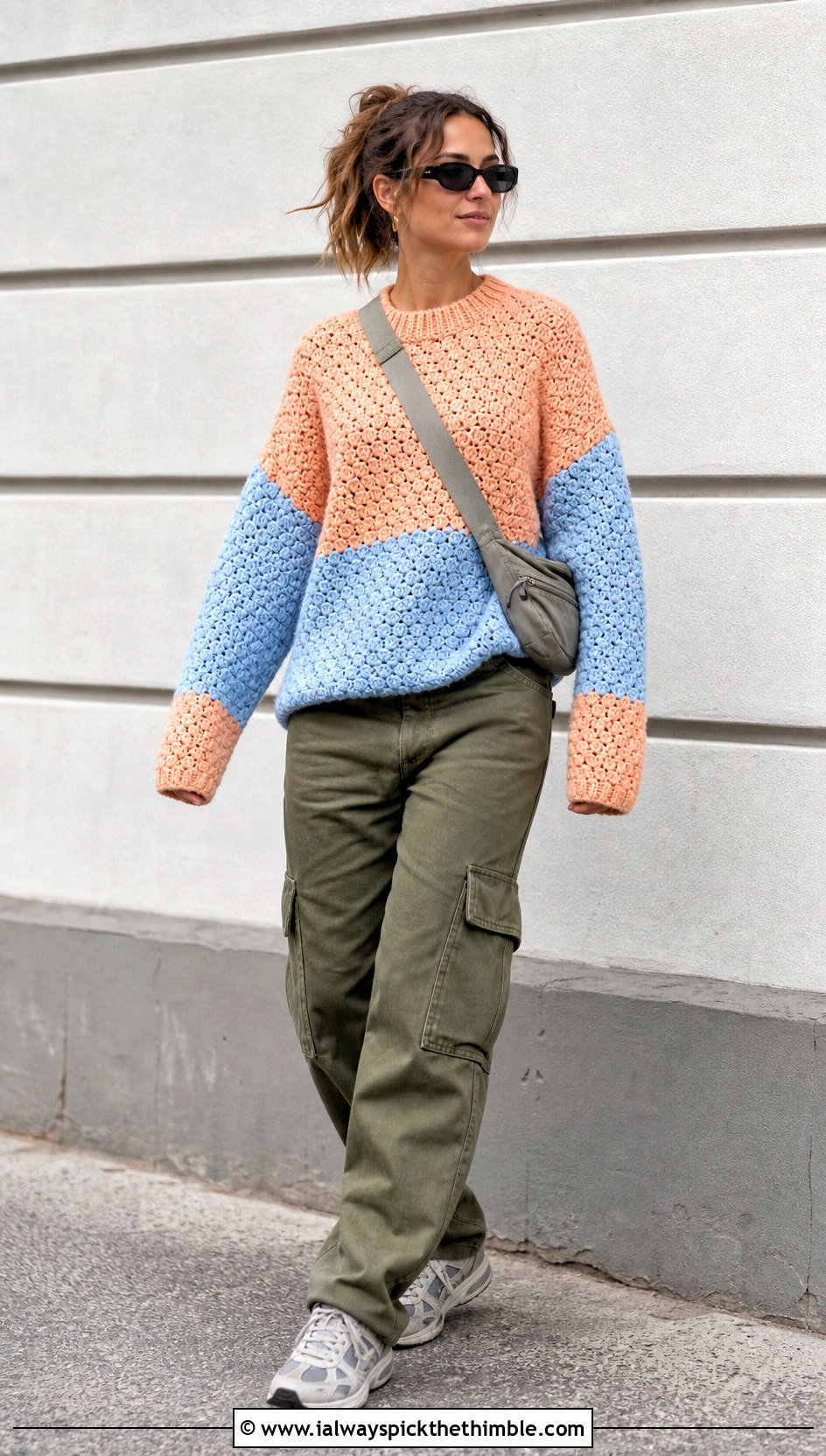 Color Block Alpine Stitch Sweater With Cargo Pants - 20 crochet alpine stitch sweater outfit ideas