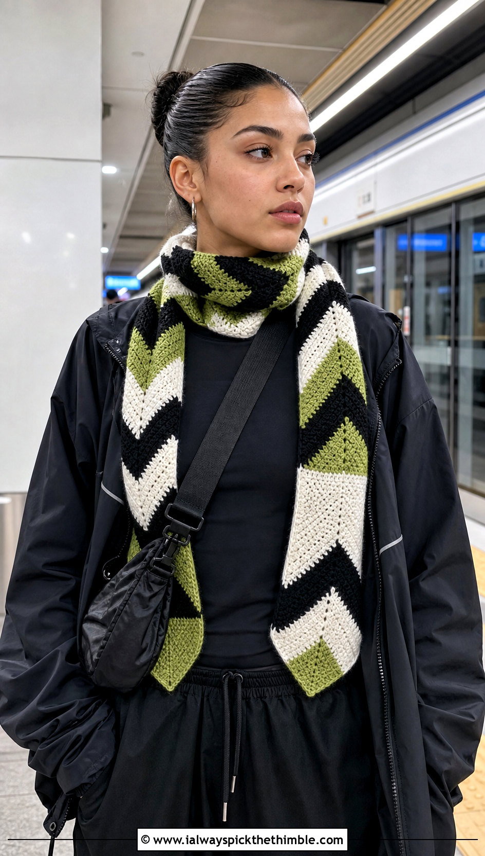Color Block Arrow Crochet Scarf With Black Athleisure - 20 Crochet Zig Zag Scarf outfit ideas