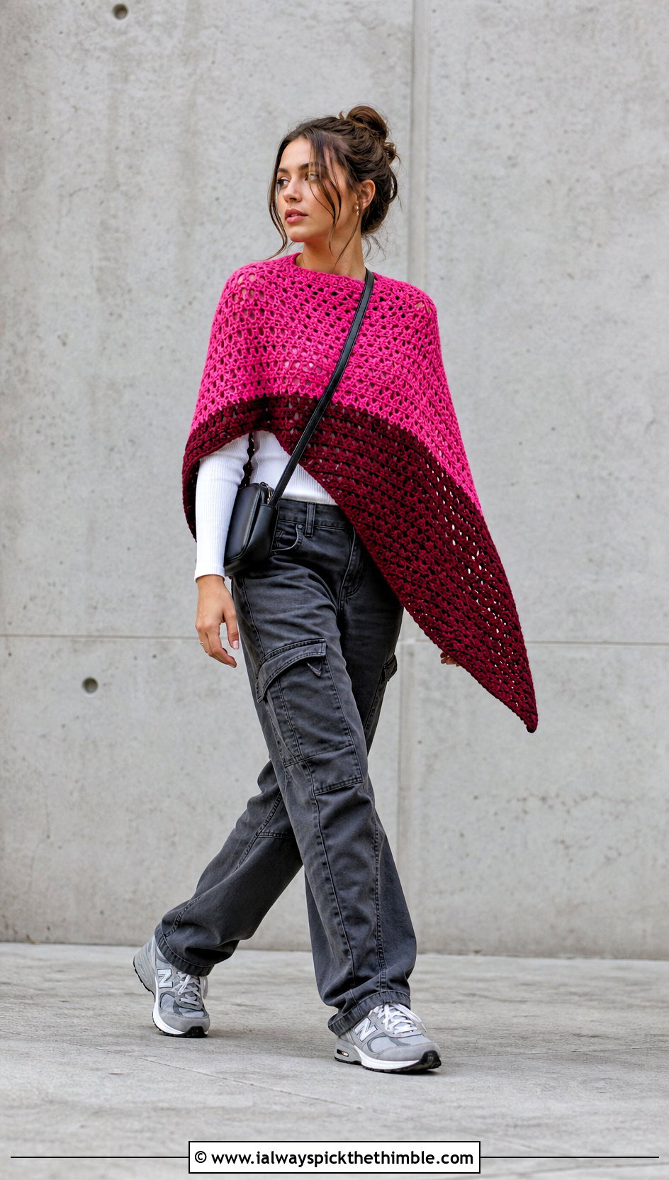 Color Block Asymmetrical Crochet Poncho With Cargo Pants - 20 Asymmetrical Crochet Poncho outfit ideas