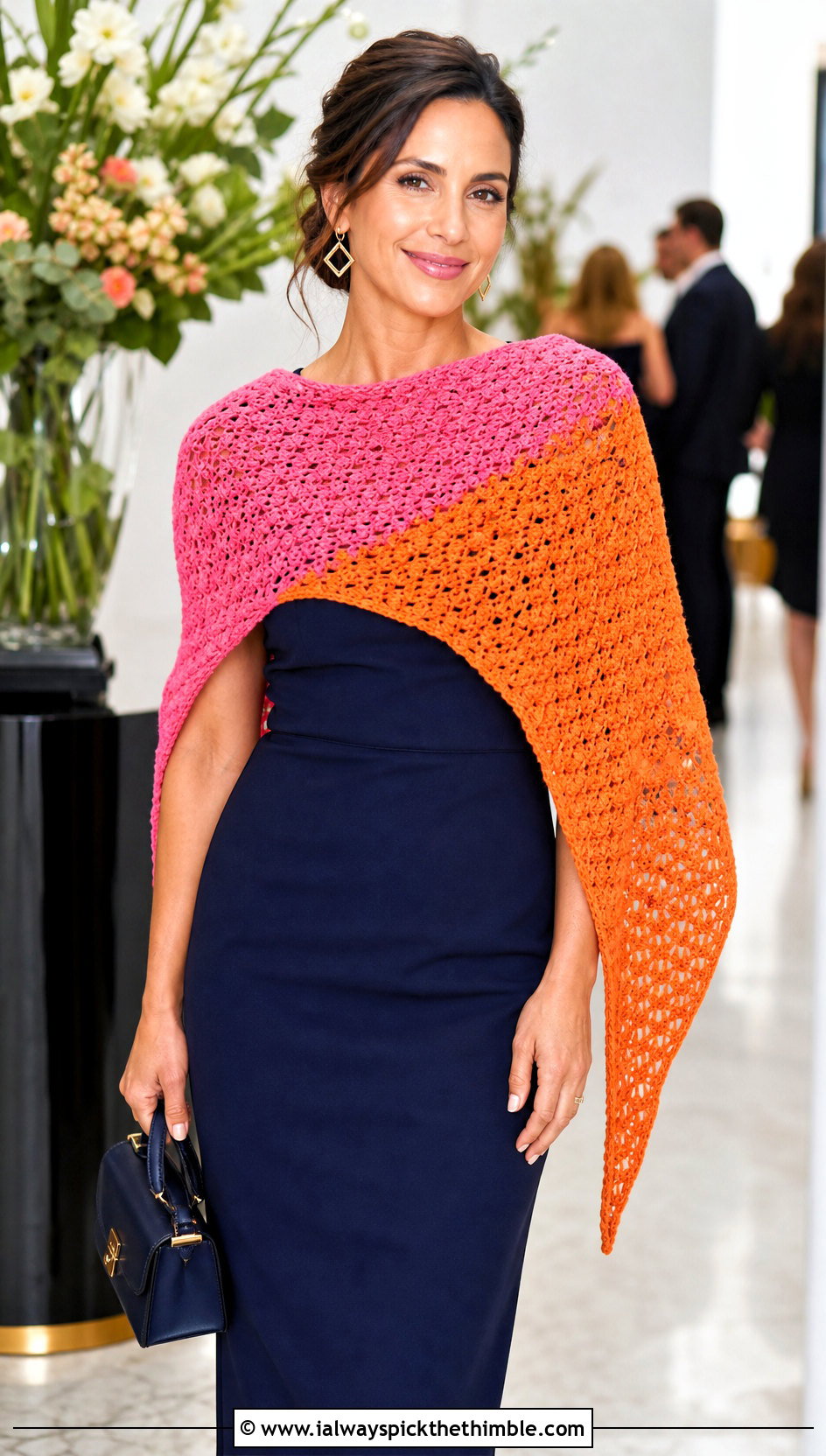 Color Block Asymmetrical Crochet Shawl With Column Dress - 20 asymmetrical crochet shawl outfit ideas