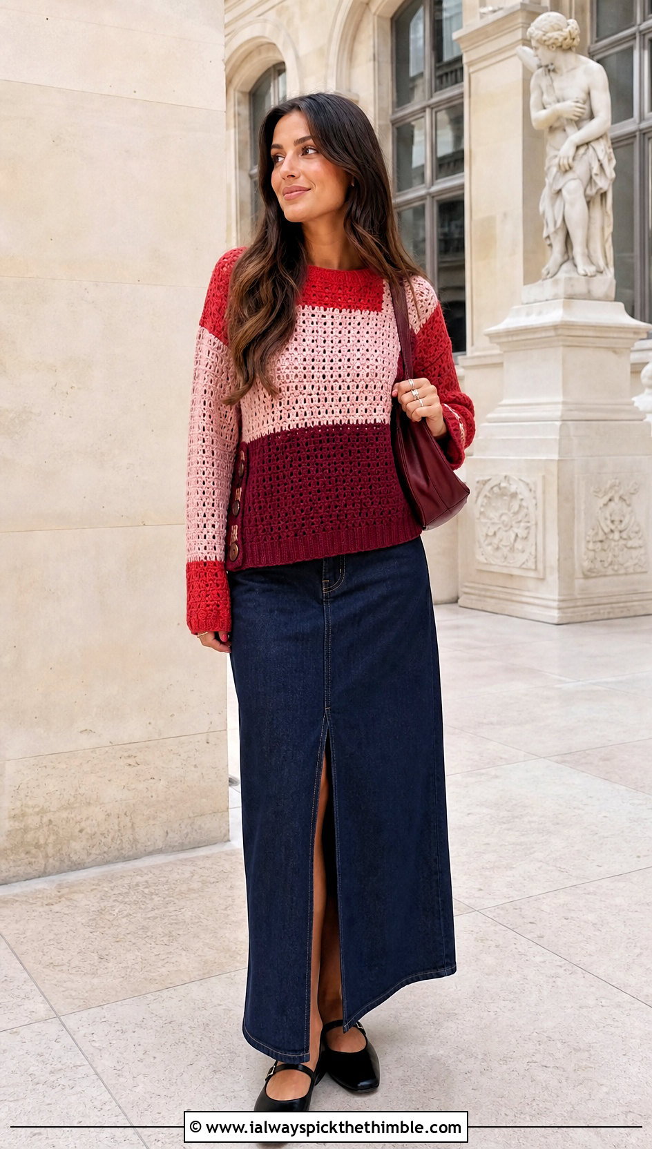 Color Block Azel Crochet Pullover With Denim Maxi Skirt - 20 azel crochet pullover outfit ideas