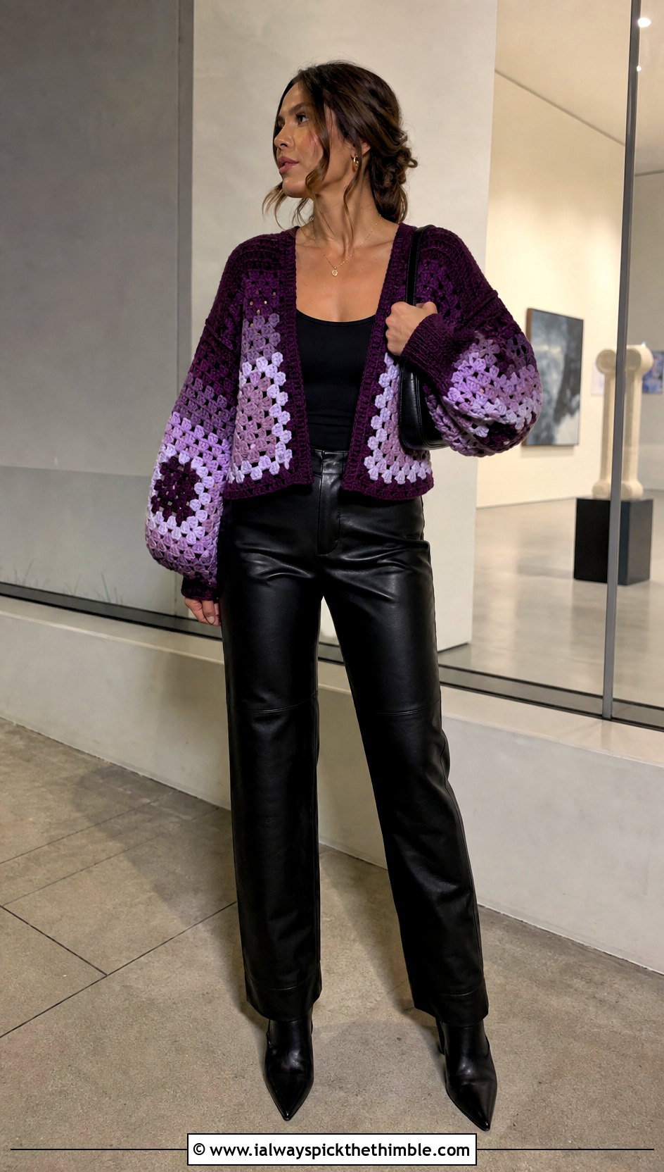 Color Block Balloon Sleeve Crochet Cardigan With Leather Pants - 20 puffy crochet cardigan outfit ideas