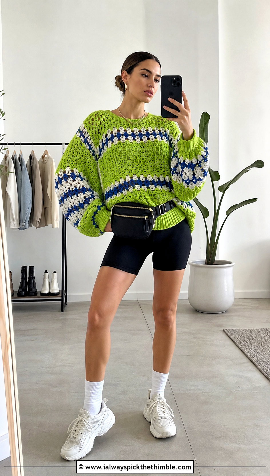 Color Block Balloon Sleeve Oversized Crochet Sweater With Biker Shorts - 15 Oversized Crochet Sweaters outfit ideas